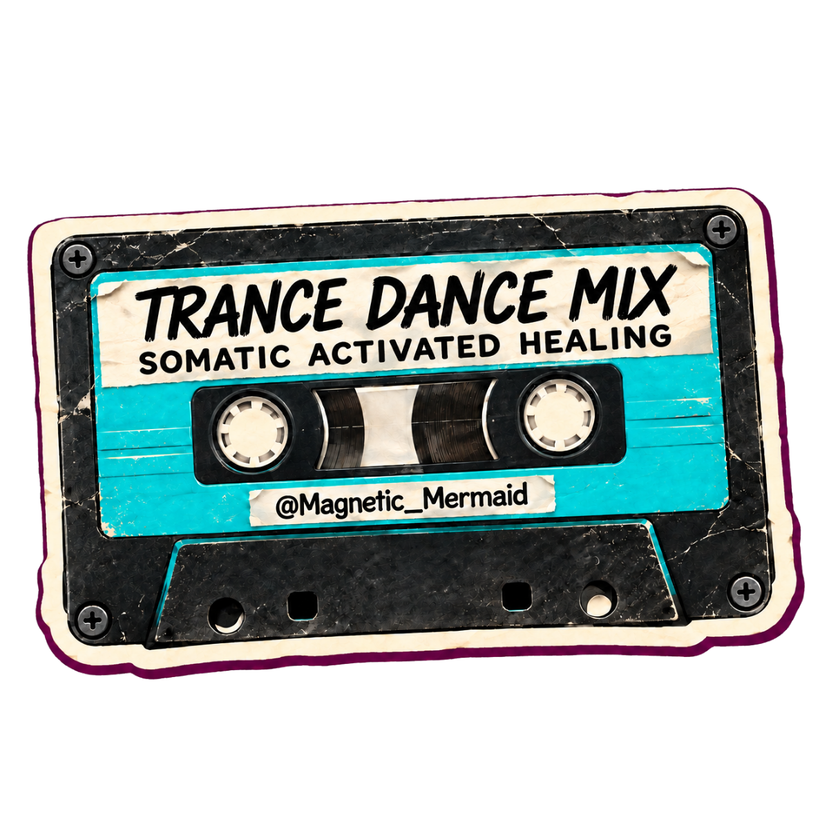 Distressed vintage cassette sticker reading Trance Dance Mix, Somatic Activated Healing, at Magnetic_Mermaid