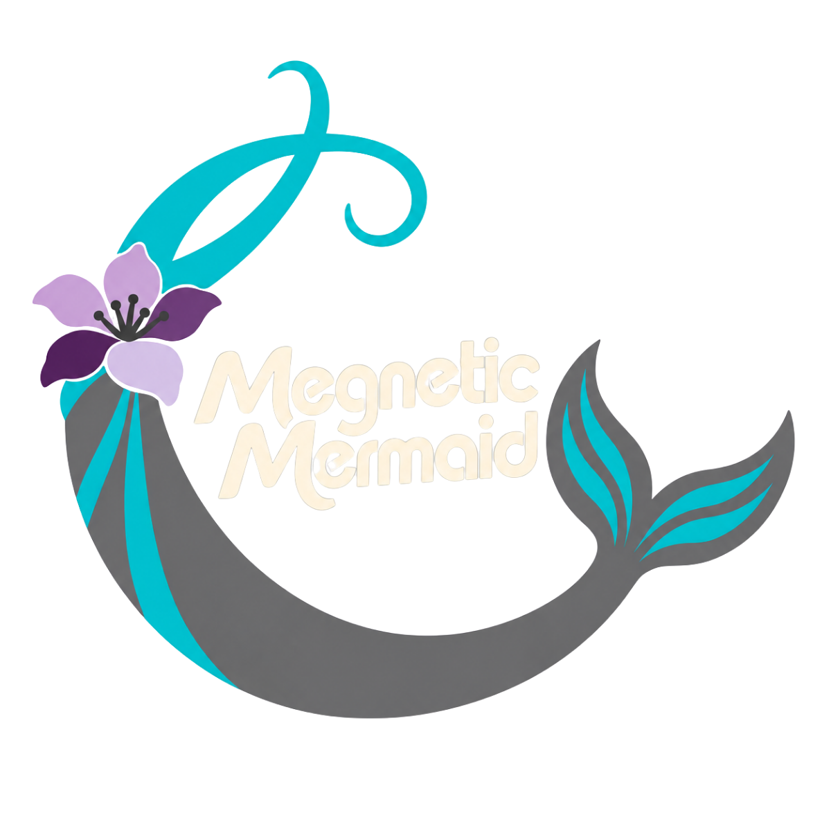 The Magnetic Mermaid logo: a mermaid tail crescent with teal ribbon details and a violet five-petaled flower, with cream Magnetic Mermaid lettering