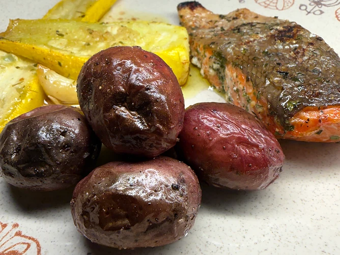 Garlic Confit Honey Grilled Squash, Air-Fried Salmon & Broiled Mini Potatoes