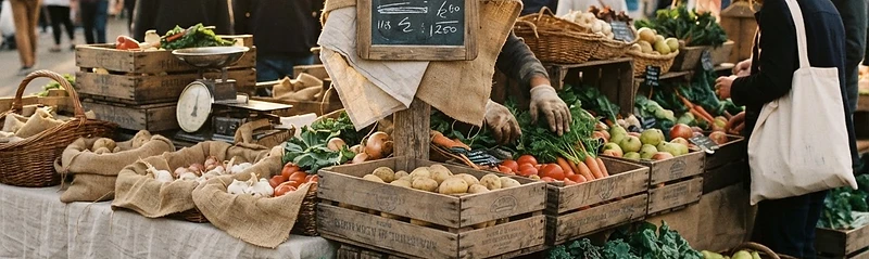Farmers market stall with crates of seasonal produce at golden hour