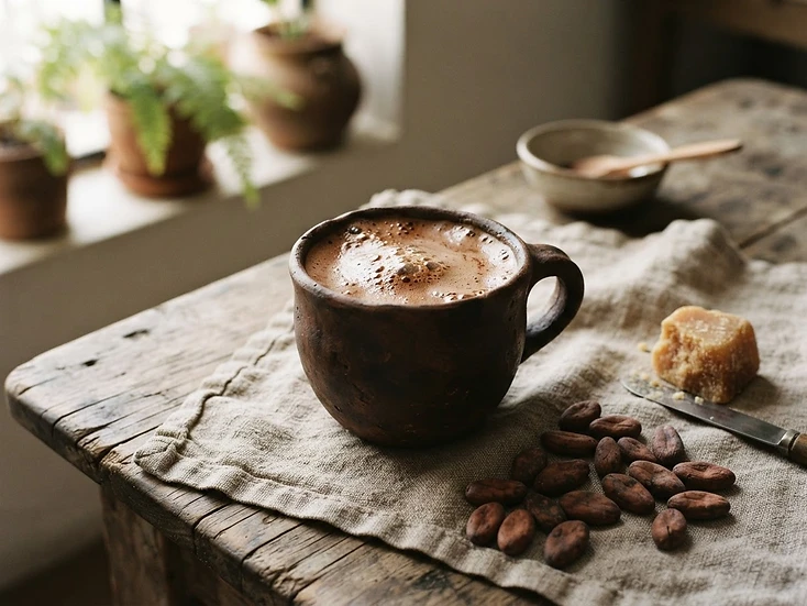 A cup of stone-ground ceremonial cacao in a clay cup with cacao beans and panela