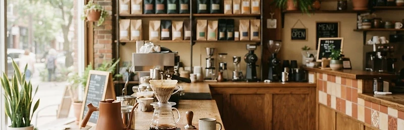 Interior of a small café with a pour-over coffee setup