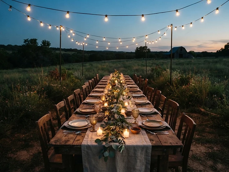 An intimate farm-to-table dinner table set with linen and candles at dusk