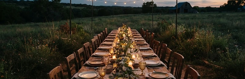 Intimate farm-to-table dinner table set with linen, ceramic plates and candles at dusk