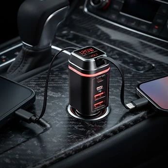 120W Retractable Car Charger with Multi-Port USB Fast Charging