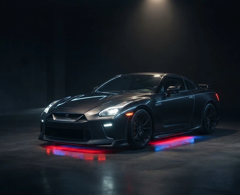 Modified sports car with RGB underglow in dark showroom