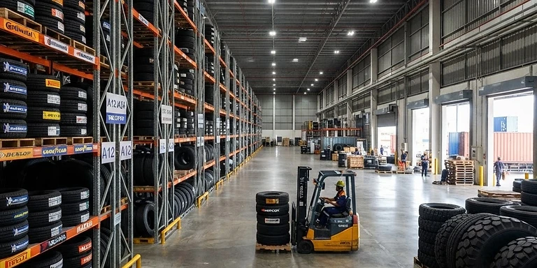 Warehouse stocked with tires from many brands