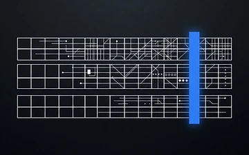 Abstract editorial artwork: a three-row consequence matrix with a vertical electric-blue human-checkpoint bar on a black background.
