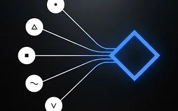 Abstract editorial artwork: five circular query nodes converging into a review-gate diamond in white and electric blue on a black background.