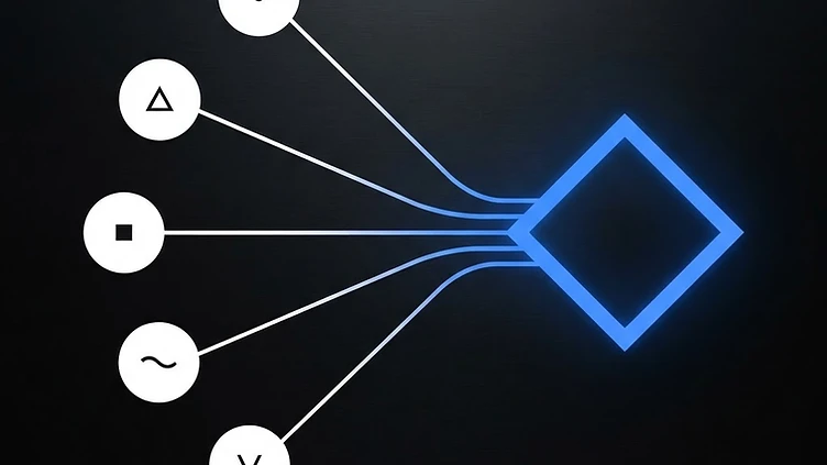 Abstract editorial artwork: five circular query nodes converging into a review-gate diamond in white and electric blue on a black background.