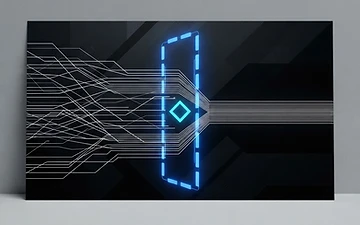 Abstract editorial artwork: a horizontal flow of white lines passing through a glowing electric-blue review gate on a black background.