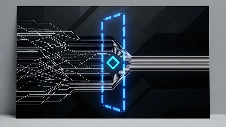 Abstract editorial artwork: a horizontal flow of white lines passing through a glowing electric-blue review gate on a black background.