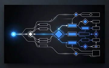 Abstract editorial artwork: a single node branching through decision points and process steps in white and electric blue on a black background.