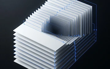 Abstract editorial artwork: layered document planes separated by permission-boundary lines in white and electric blue on a black background.