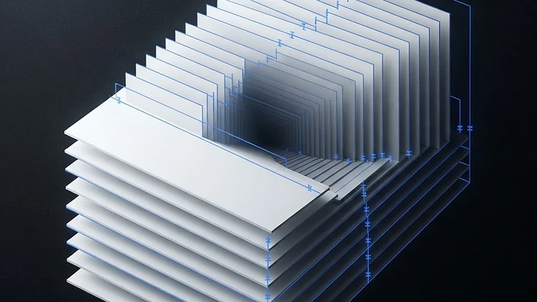 Abstract editorial artwork: layered document planes separated by permission-boundary lines in white and electric blue on a black background.