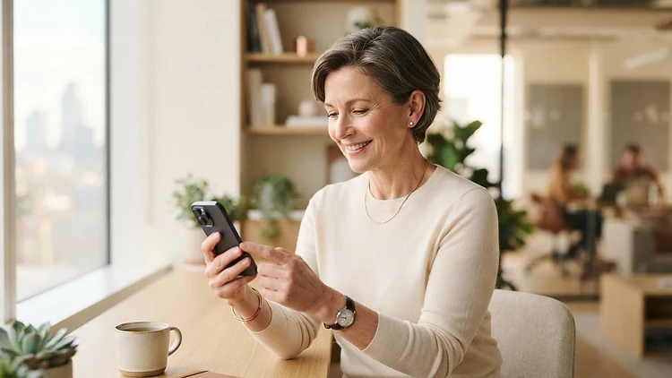 Angehörige liest beruhigt eine Benachrichtigung auf dem Smartphone