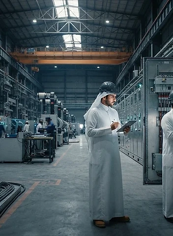 مهندسون سعوديون يرتدون الثياب البيضاء وخوذات السلامة يفحصون خزائن تحكم كهربائية صناعية في منشأة تصنيع