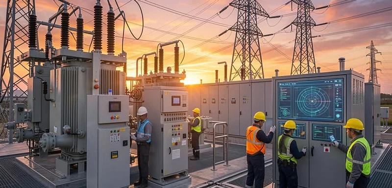 High-voltage substation at sunset with technicians performing maintenance and commissioning operations