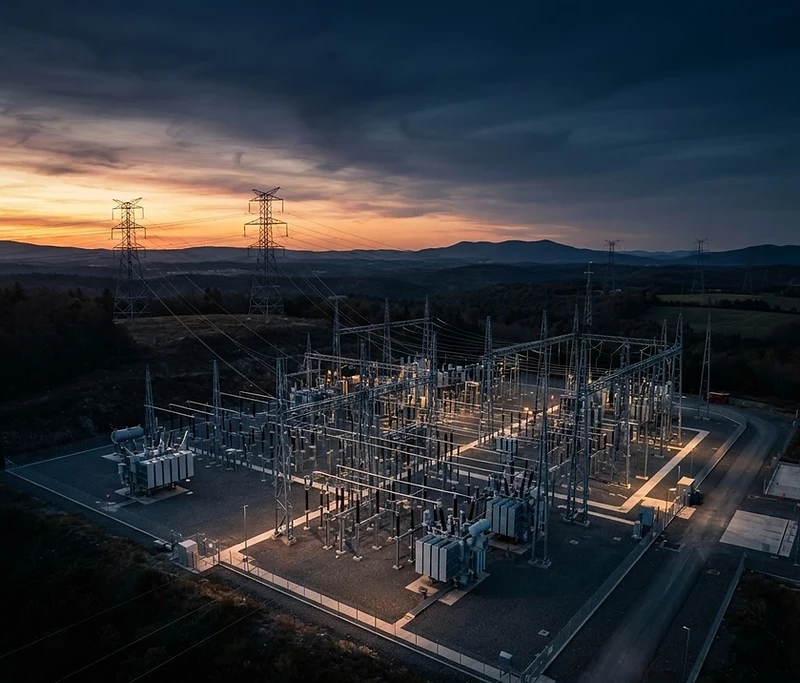 Saudi high-voltage power substation at golden hour