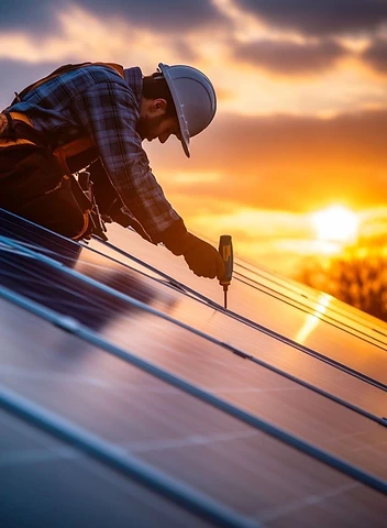 Solar panel installation technician working at sunset during a renewable energy EPC project