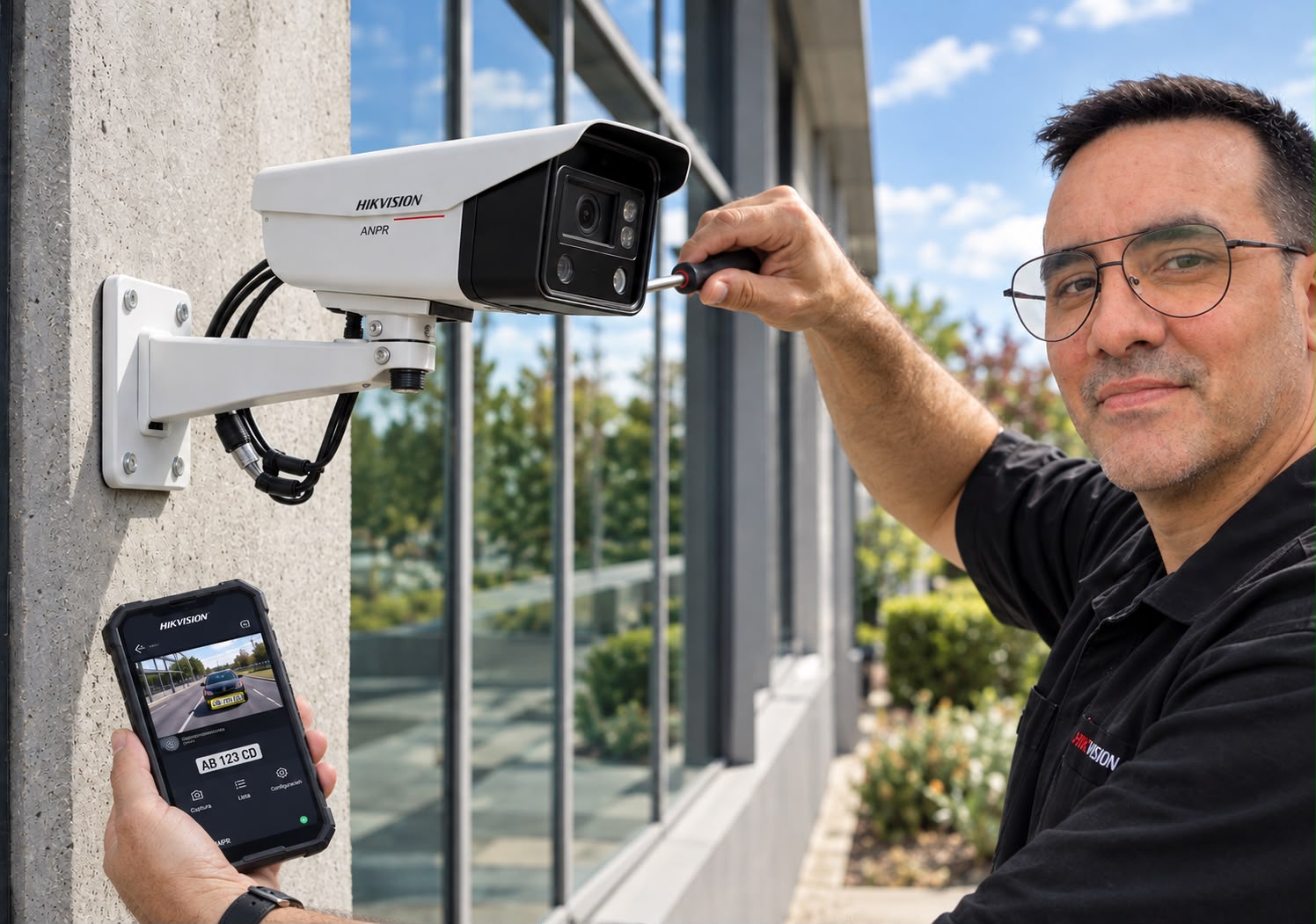 Técnico de SEC Castelar instalando cámara de seguridad Hikvision