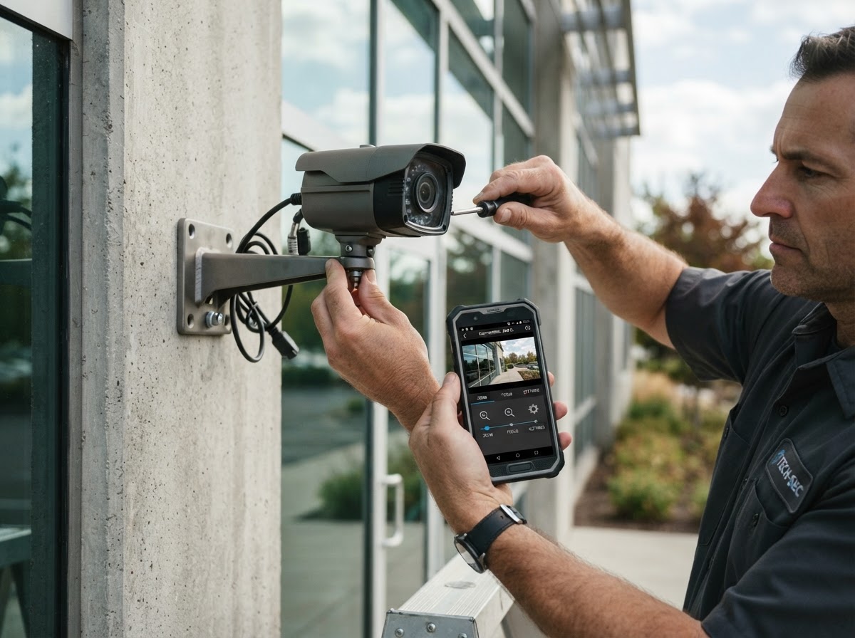 Técnico de SEC Castelar instalando sistema de seguridad electrónica