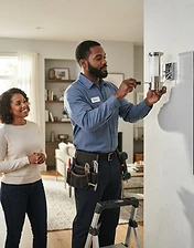 Skilled tradesman professionally installing a light fixture for a homeowner