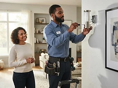 Skilled tradesman professionally installing a light fixture for a homeowner