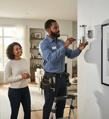 Skilled tradesman professionally installing a light fixture for a homeowner