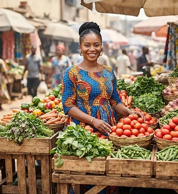 African woman entrepreneur at her fresh vegetable and tomato market stall