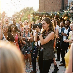 Event photographer capturing a joyful outdoor celebration at golden hour