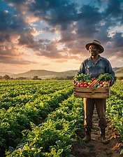 African farmer in a wide green field holding a crate of freshly harvested vegetables