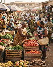 Farmers and vendors at a bustling open-air produce market with customers