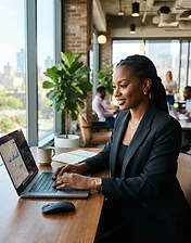 African professional woman working on a laptop in a bright modern co-working space