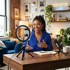 Content creator filming a video with a smartphone on a tripod in a bright studio