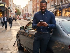 Professional driver leaning against his car, checking his phone, ready for work