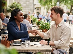 Two people from different backgrounds shaking hands in warm conversation
