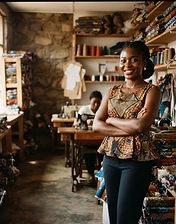Proud young African woman entrepreneur in her tailoring workshop