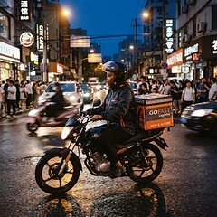 Delivery courier on a motorbike riding through a lively city street at dusk