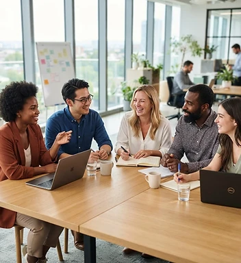 Diverse professionals collaborating around a table in a bright modern office