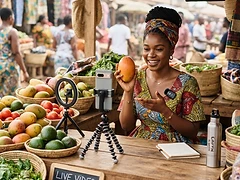 Young African woman content creator filming a product video with a smartphone on a tripod in her market stall