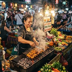 Street food vendor grilling fresh food at a vibrant outdoor market stall
