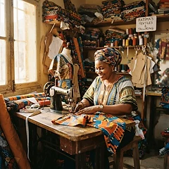 Tailor sewing vibrant patterned fabric at a sewing machine in a sunlit workshop