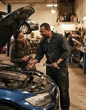 African mechanic explaining a car repair to a customer