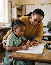 Patient tutor helping a schoolgirl with a mathematics exercise book