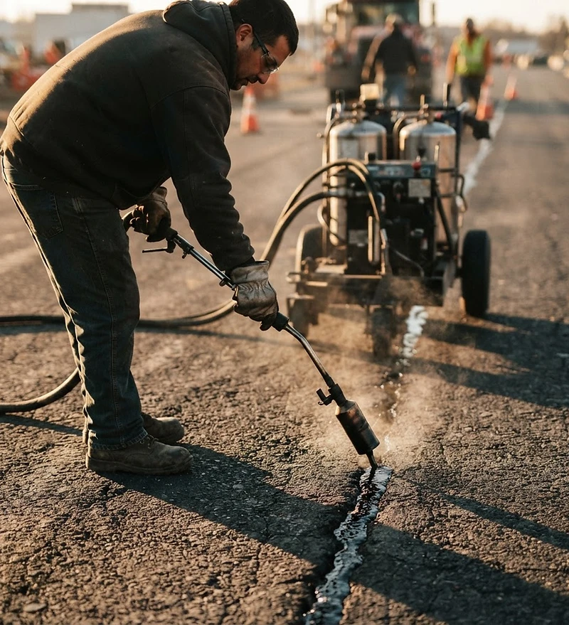 Hot pour rubberized sealant being poured into an asphalt crack