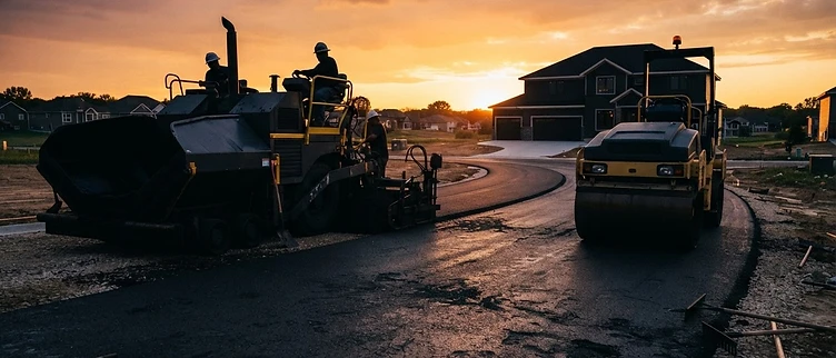 Heavy paving equipment finishing a residential driveway at sunset