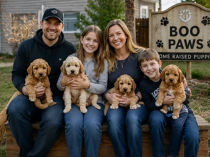 The Boo Paws family sitting together on a bench with their puppies