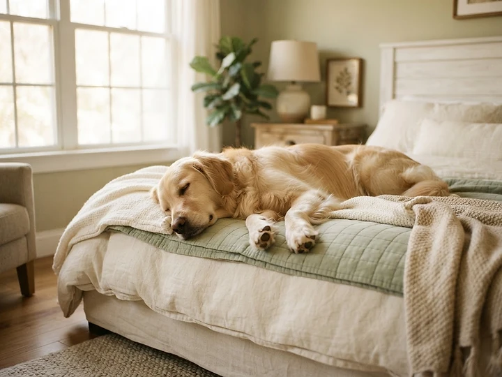 A calm adult dog resting peacefully in a warm sunlit guardian home