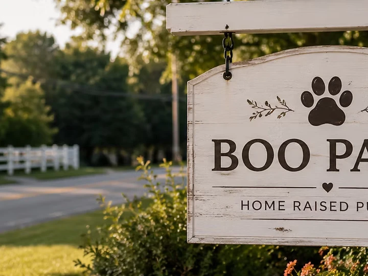 The Boo Paws Home sign hanging in front of the family home